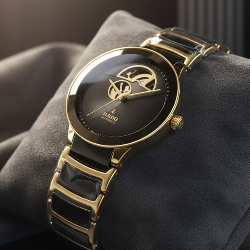 Royal Watch With a Black and Gold Design and a Skeleton Dial