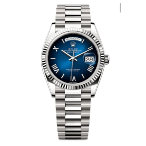 Rolex Day-Date 40 mm White Gold Fluted Bezel Blue Ombre Dial President Bracelet Swiss Eta