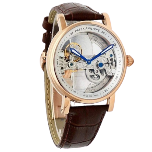 Patek Philippe Automatic Rose Gold Transparent Dial Leather Strap